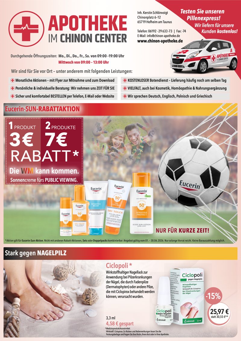 Monatlicher Angebotsflyer der Apotheke im Chinon Center mit Informationen zu Öffnungszeiten, Leistungen, Aktionen und wechselnden Produktangeboten aus Bereichen wie Gesundheit, Pflege und Selbstmedikation.